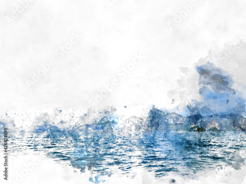 Abstract colorful shape on mountain and sea on watercolor illustration painting background.