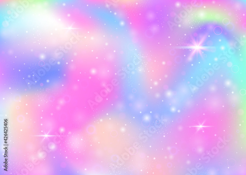 Fairy background with rainbow mesh.  Girlie universe banner in princess colors. Fantasy gradient backdrop with hologram. Holographic fairy background with magic sparkles  stars and blurs.