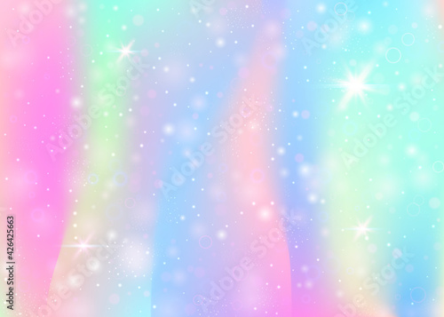 Hologram background with rainbow mesh. Trendy universe banner in princess colors. Fantasy gradient backdrop. Hologram unicorn background with fairy sparkles  stars and blurs.