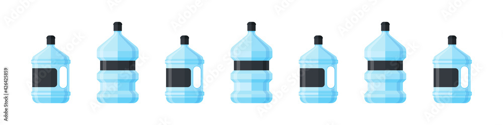 Plastic water bottle icons. Cartoon plastic bottles of water. Blank container for healthy liquid, natural wet, fresh aqua for drinking. Vector illustration Plastic water bottle icons. Cartoon plastic bottles of water. Blank container for healthy liquid, natural wet, fresh aqua for drinking. Vector illustration