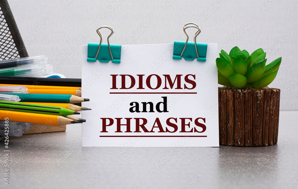 IDIOMS and PHRASES - words on a white sheet with clamps against the background of a cactus and jars with pencils