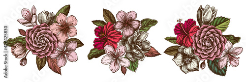 Flower bouquet of colored hibiscus, plum flowers, peach flowers, sakura flowers, magnolia flowers, camellia japonica