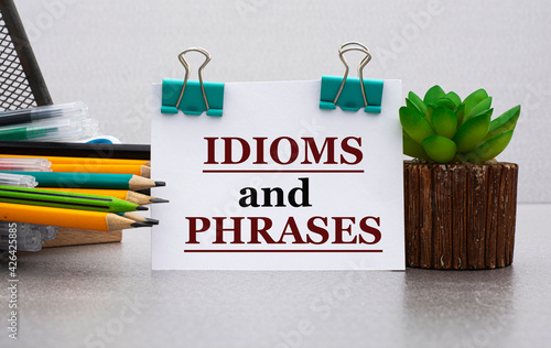 IDIOMS and PHRASES - words on a white sheet with clamps against the background of a cactus and jars with pencils photo