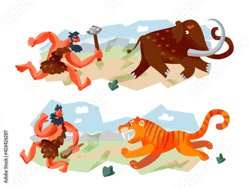 Cavemen hunting animals in Stone Age set. Prehistoric ancient history vector illustration. Men running after mammoth with axe, away from tiger. Savage hunters with animals in nature