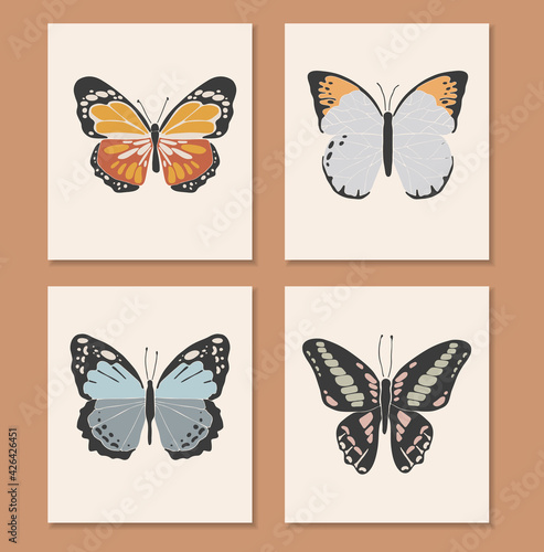 Abstract spring colorful buterfly card, boho buterfly vector, spring insect collection, nature elements, beautiful multicolour drawing buterfly set, vector illustration