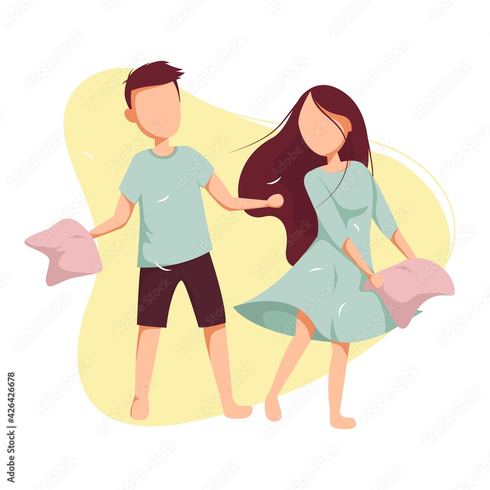 Pillow fight in pajamas. Pajama party. Time at home during quarantine. Vector illustration on isolated background.