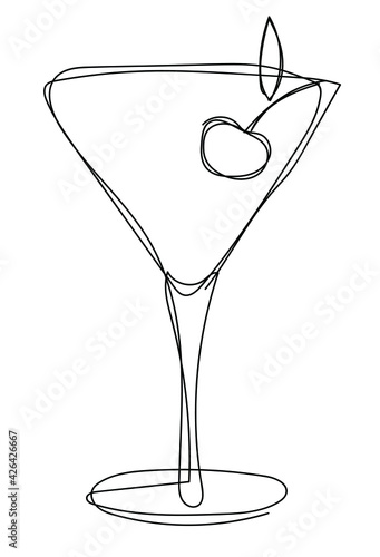 Vector illustration of glass with martini cocktail and cherry in one line endless style. The element is isolated on a white background. Can be applied as a sticker, icon, logo.