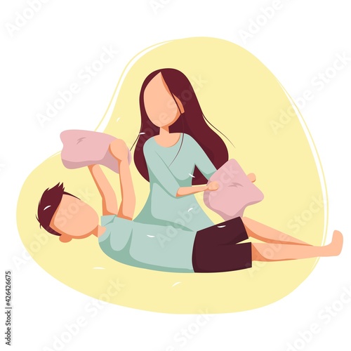 Pillow fight in pajamas. Pajama party. Time at home during quarantine. Vector illustration on isolated background.