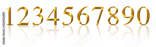 Golden numbers, from one to zero over white. Ten gold colored, metallic shimmering and three-dimensional numerals with reflections, to express an anniversary, a jubilee or another value. Illustration.