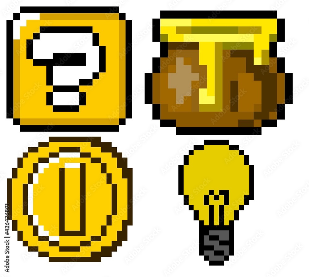8 bit retro yellow question mark box, money bag, coin, lamp for games 8 bit retro yellow question mark box, money bag, coin, lamp for games