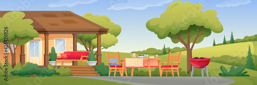Barbecue setup outdoor background. Panoramic view of house in nature with trees, hills, bbq with meat, table with food and drinks, chairs vector illustration. Summer horizontal scene