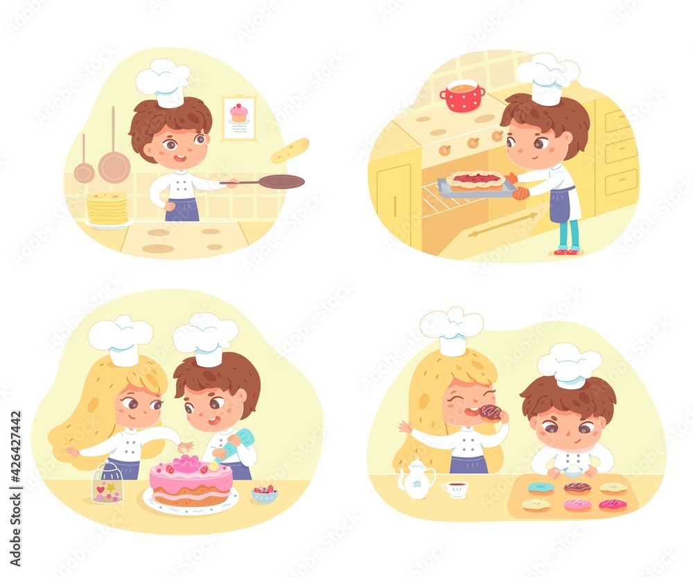 Kids cooking and baking pastry set. Little girl and boy in hat and apron making pie, pancakes, cake, doughnuts vector illustration. Young chefs preparing sweet food in kitchen