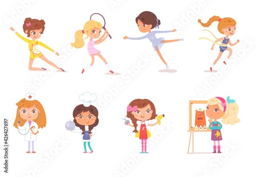 Girl professions and sports set. Kids with professional occupations vector illustration. Nurse, cook, painter, haidresser, sportswomen: gymnastics, tennis, figure skating, athletics