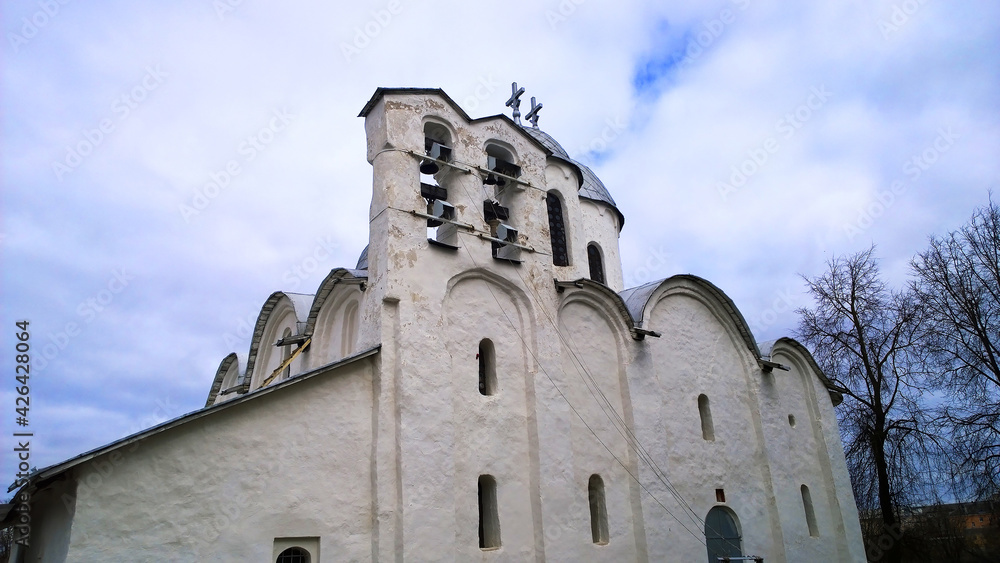 Ancient orthodox christian Cathedral of Ioann Predtecha (John the Precursor) of the Ivanovsky Monastery, 1240. Church located in Pskov, Russia. April, 2021. Russian temple. Unique old architecture.