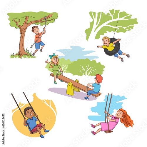 Cute children on swing playground set. Happy friends playing in park in summer holidays. Outdoor childhood games vector illustration. Boys and girls riding on swings, tire, rope.
