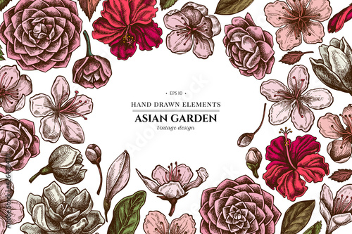 Floral design with colored hibiscus, plum flowers, peach flowers, sakura flowers, magnolia flowers, camellia japonica