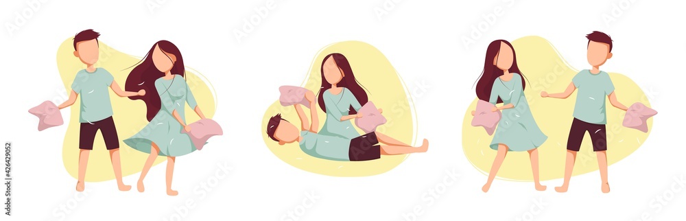 Pillow fight in pajamas. Pajama party. Time at home during quarantine. Vector illustration on isolated background. Pillow fight in pajamas. Pajama party. Time at home during quarantine. Vector illustration on isolated background.