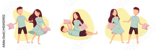 Pillow fight in pajamas. Pajama party. Time at home during quarantine. Vector illustration on isolated background.