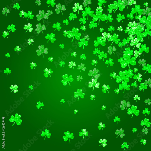 Shamrock background for Saint Patricks Day. Lucky trefoil confetti. Glitter frame of clover leaves.. Template for party invite, retail offer and ad. Merry shamrock background.
