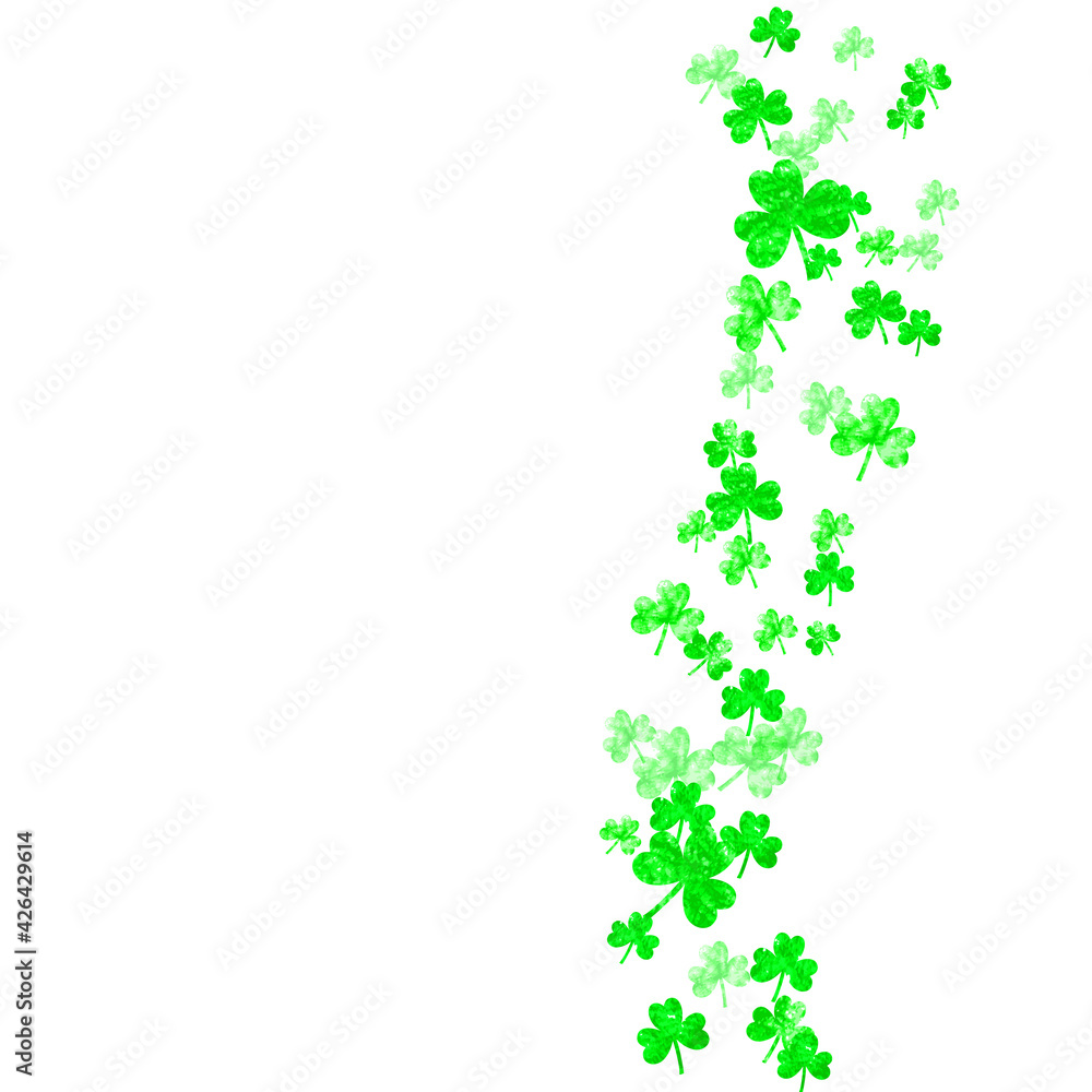 St patricks day background with shamrock. Lucky trefoil confetti. Glitter frame of clover leaves. Template for voucher, special business ad, banner. Greeting st patricks day backdrop.