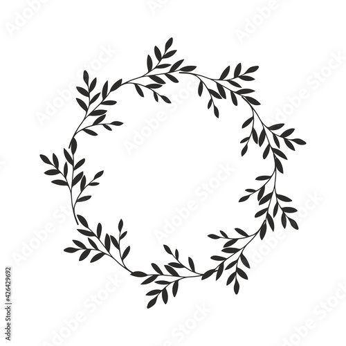 Round vintage frame or wreath of black branches with leaves on white background. Modern hand drawn floral design. Vector illustration
