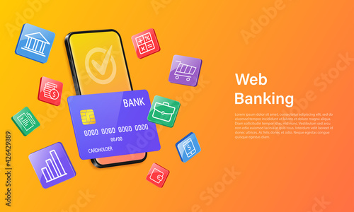 vector 3d illustration of mobile phone with check mark on screen. Digital financial services and online shopping.Internet banking. Access to money on a bank card thro