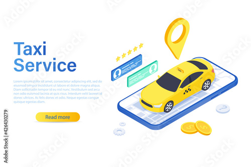 Template for website or mobile application of taxi service. yellow car. Home page concept.