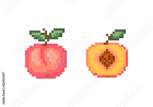 Pixel peach and half peach. Pixel art isolated vector illustration fruit.