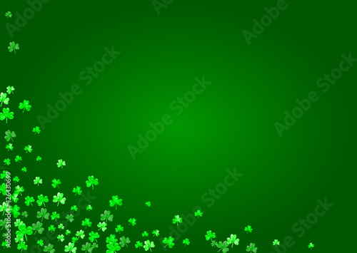 Clover background for Saint Patricks Day.  Lucky trefoil confetti. Glitter frame of shamrock leaves. Template for special business offer, banner, flyer. Dublin clover background.