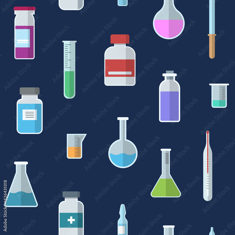 Seamless pattern with vials, test tubes, pipette, ampule, thermometer. Icons, isolated on blue background. Medical items. Vector color illustration. Seamless pattern with vials, test tubes, pipette, ampule, thermometer. Icons, isolated on blue background. Medical items. Vector color illustration.