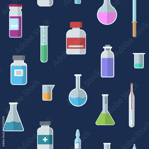 Seamless pattern with vials, test tubes, pipette, ampule, thermometer. Icons, isolated on blue background. Medical items. Vector color illustration.