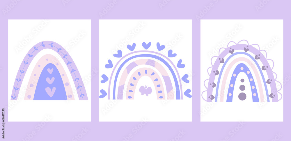 Scandinavian boho rainbow. Cute vector pastel rainbow set with drops ...