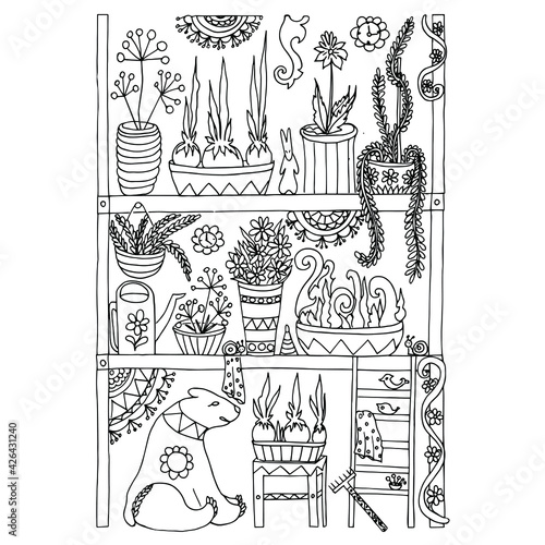 Coloring book for children with an image of shelves with various indoor plants in the pantry. Cheerful kind bear is watching the growth of plants. Vector hand-drawn illustration.