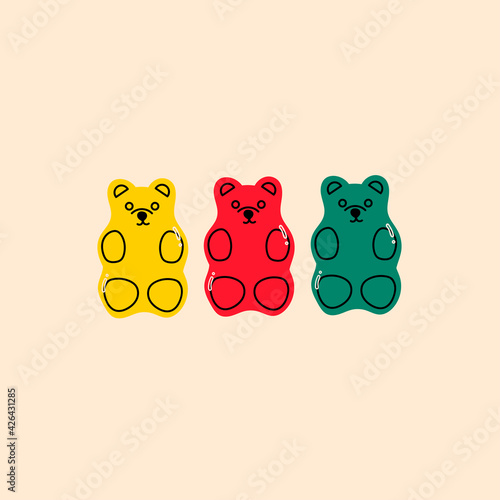Colorful Fruity and tasty Sweets. Gummy Jelly candie Bears. Hand drawn Vector set. Trendy illustration. Cartoon style. All elements are isolated
