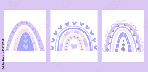 Scandinavian boho rainbow. Cute vector pastel rainbow set with drops and heart isolated on white background printable poster for kids
