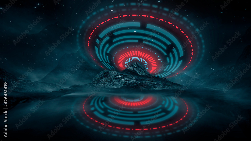Fototapeta premium Futuristic fantasy night landscape with abstract landscape and island, moonlight, radiance, moon, neon. Dark natural scene with light reflection in water. Neon space galaxy portal. 3D illustration.