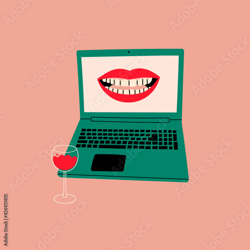 Laptop with smiling mouth on screen. Wine glass standing near the keyboard. Conversation, video call, videoconference, chatting, dating concept. Hand drawn Vector illustration