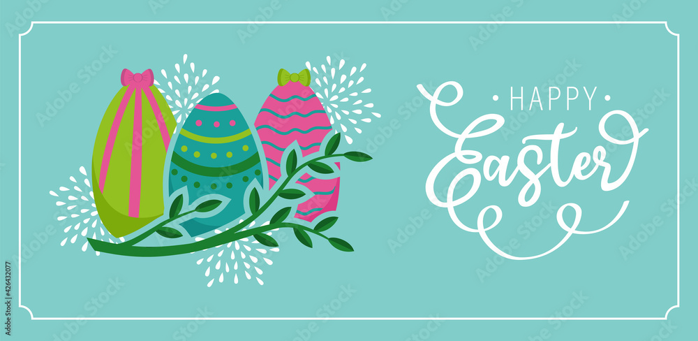 Happy Easter day greeting card design cute with background branch leaves and flowers, easter banner with colorful eggs.Vector illustration with frame and text.