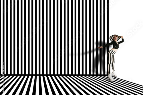 Woman in black and white on barcode stripes