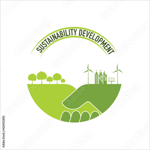 Green city and forest living together design on handshake for sustainability development and eco friendly concept, vector illustration logo design