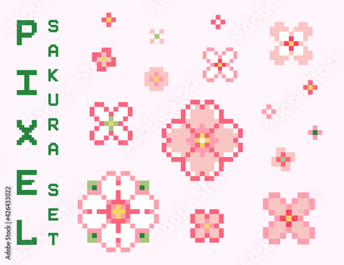 Pixel sakura flowers set. Pixel art set of cute pink sakura flowers elements for pattern, background, decoration, paper, dress, textile. Pixelated flowers vector element illustration collection.