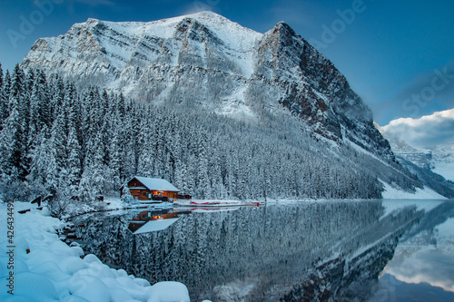 Lake Louise British Columbia during the winter with fresh snow on the surrounding mountains