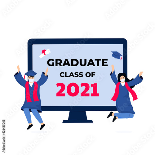 Virtual online graduation ceremony on a computer monitor during coronavirus quarantine. Tiny graduates in protective masks, in gowns and mortarboards celebrate completion of studies. Class of 2021