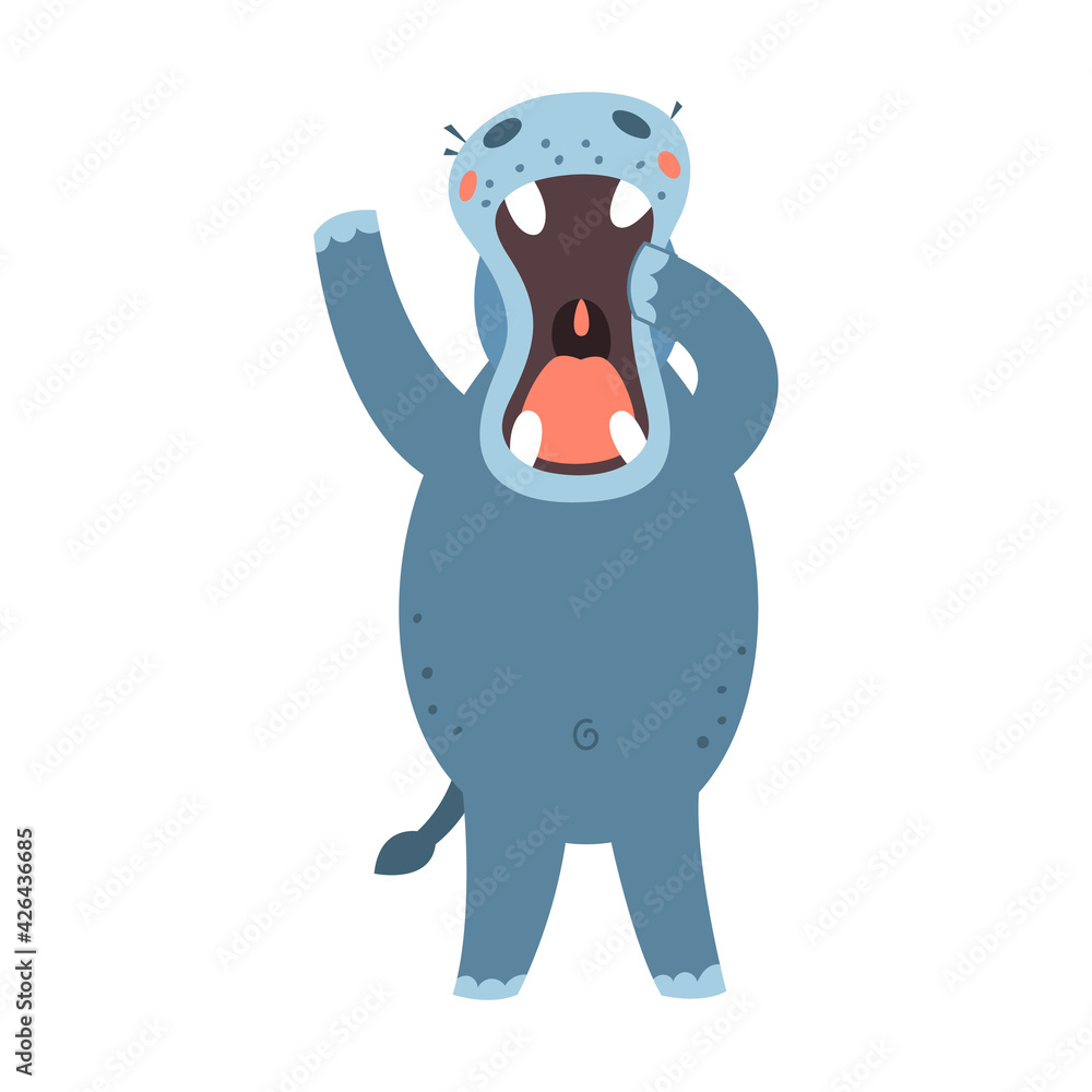Hippo flat style vector. Wild herbivorous animal. African fauna species. Violet hippopotamus cartoon on white background. For nature concepts, children s books illustrating, printing materials Hippo flat style vector. Wild herbivorous animal. African fauna species. Violet hippopotamus cartoon on white background. For nature concepts, children s books illustrating, printing materials