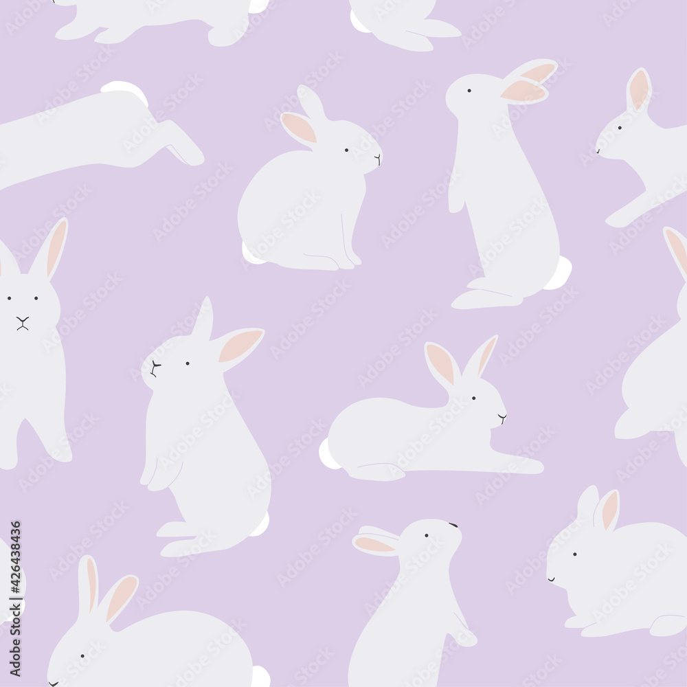 Easter seamless pattern with rabbits. Bunnies silhouettes vector illustration on a lilac background.