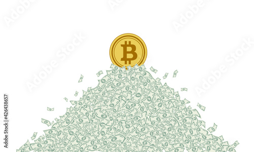Gold flat coin of virtual digital crypto currency bitcoin standing on top of a large heap, top of a mountain, a pyramid made of paper money