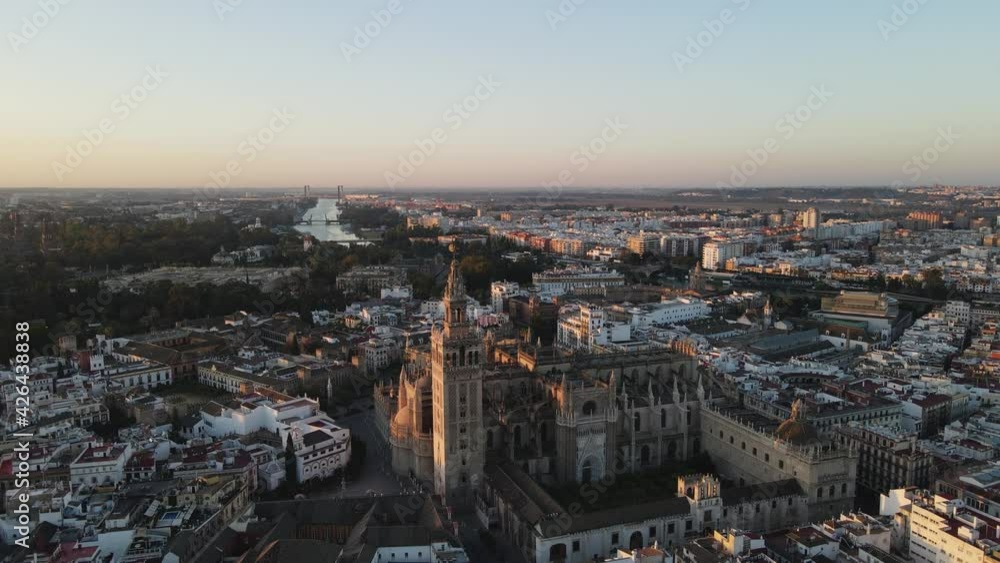 Aerial drone shot of Seville, the capital city of Spain's Andalusia region. Seville is known for its culture, heritage, and being the birthplace of Flamenco. Also seen is the bell tower “La Giralda” Aerial drone shot of Seville, the capital city of Spain's Andalusia region. Seville is known for its culture, heritage, and being the birthplace of Flamenco. Also seen is the bell tower “La Giralda”