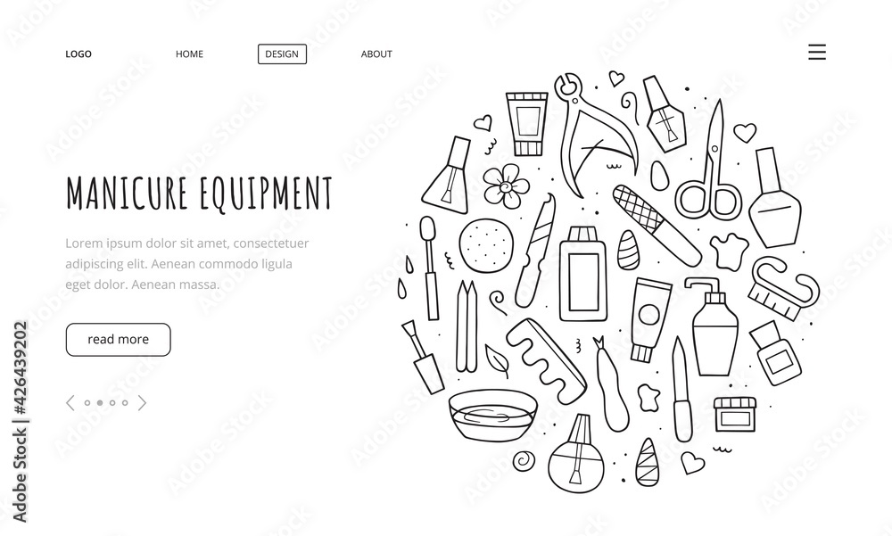 Manicure equipment set. Landing page template. Collection hand drawn different tools. Doodle sketch style. Vector outline illustration.