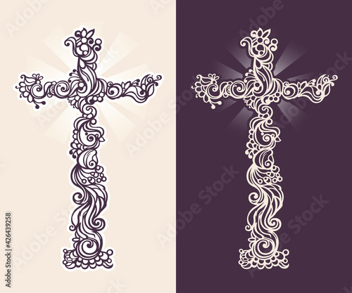 Silhouette of two beautiful Christian crosses with a figured ornament on a contrasting background with rays. Decorative vector illustration, religious sign, sacred spiritual symbol, mascot, icon, logo