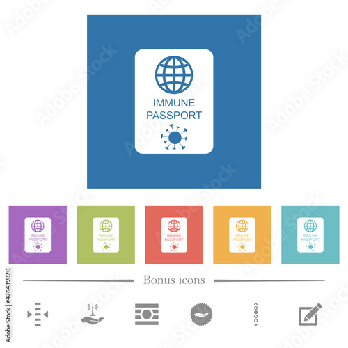 Immune passport flat white icons in square backgrounds